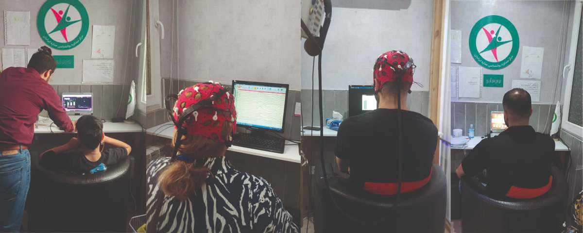 «جلسه نوروفیدبک برای درمان ADHD: بیمار با اتصال الکترودها به سر، در حال آموزش امواج مغزی است.»